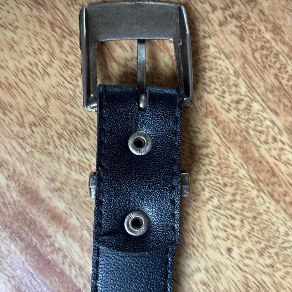 Vintage Western Belt Black Silver Buckle Tip Cowboy Boho Etched Metal Statement